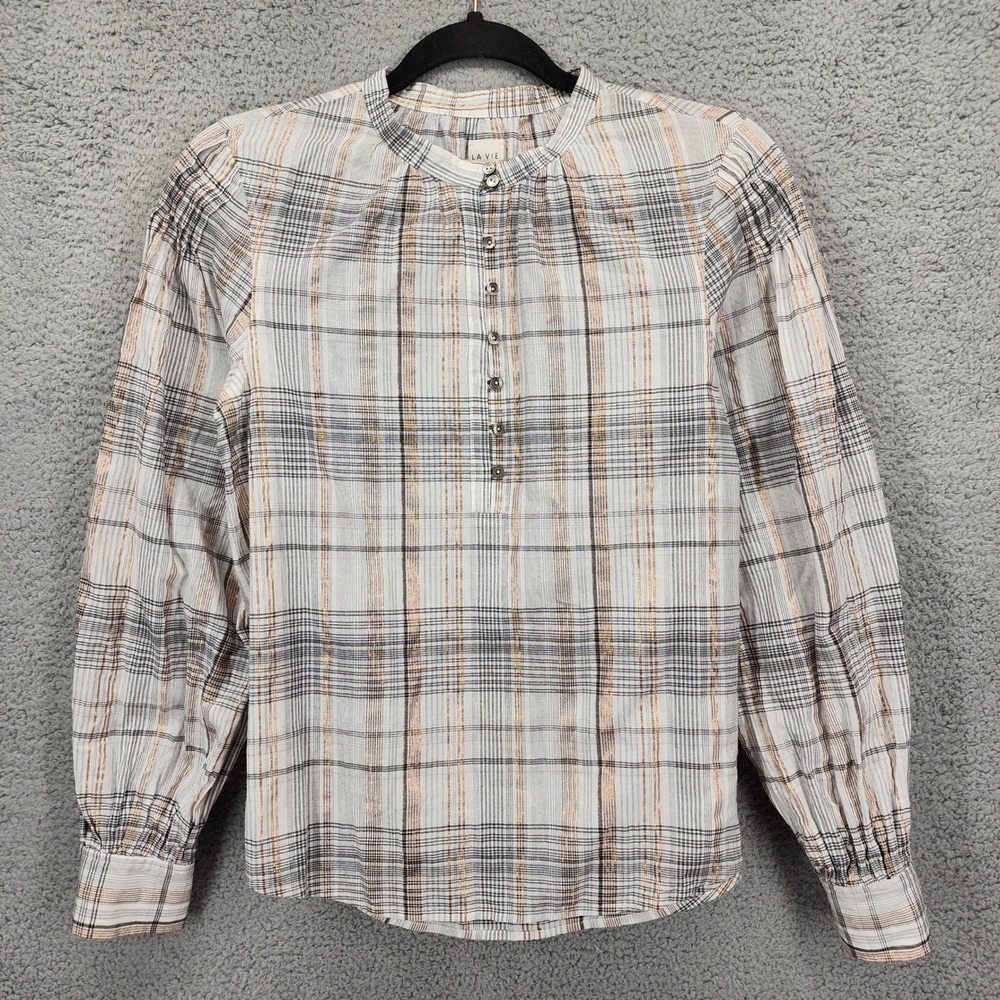 La Vie Rebecca Taylor Womens XS Plaid Metallic Button Front Blouse White Copper